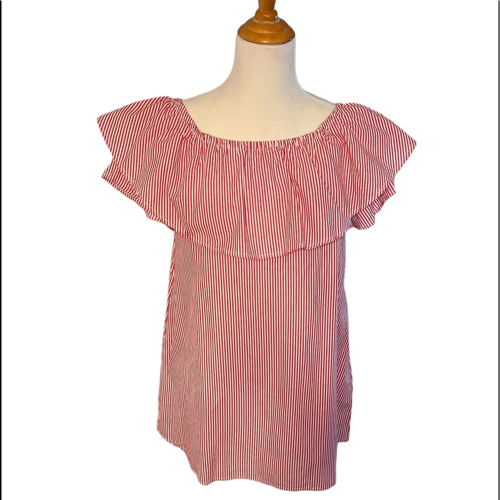 Loveriche  Red Stripe Ruffle Off Shoulder Mini Summer Dress.